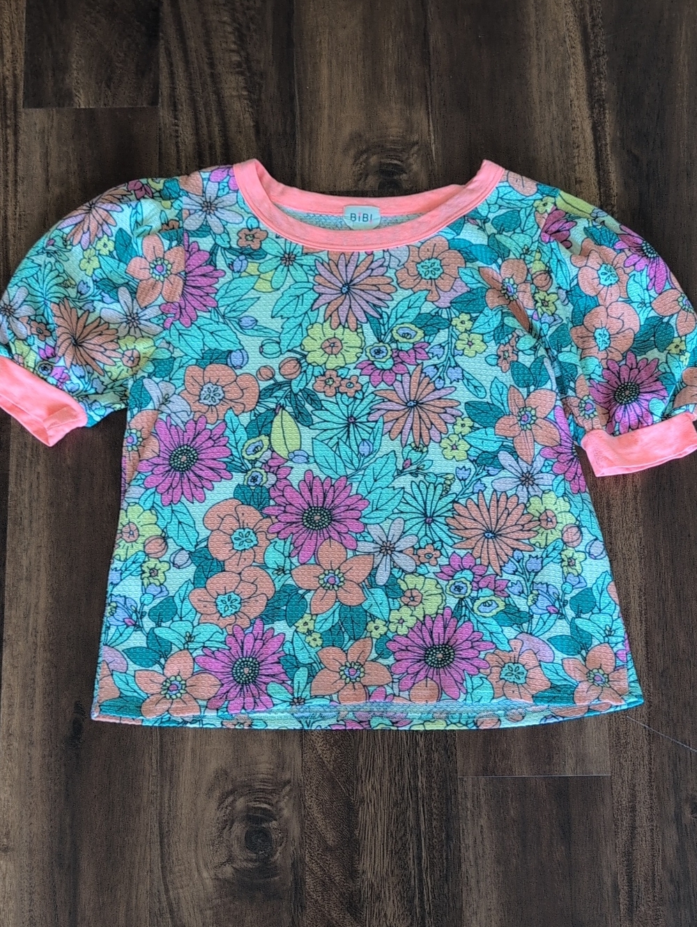 BiBi Floral Short Sleeve Tee in Aqua & Neon Trim
